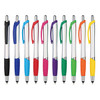 A collection of stylus pens in various colours, featuring a sleek metal design and rubber grips. Each pen has a clip and branding.
