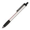 A stylus pen featuring a silver barrel with a black grip and clip, displaying a simple design.