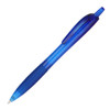 A blue plastic pen with a textured grip and a transparent barrel, featuring a clip and branding.