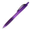 A purple plastic pen with a grip and a clip. It features a branding logo.