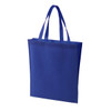 A blue non-woven tote bag with two handles and an additional logo on the front.