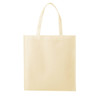A plain cream non-woven tote bag with twin handles and a simple design. It features a logo on one side.