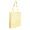 A yellow tote bag with two straps and a simple design. It features a logo on one side.