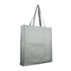 A grey tote bag with long handles and a simple design, featuring a logo on one side.