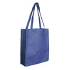 A blue tote bag with two handles and a simple design. It features a branding logo.