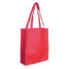 A red tote bag with two long handles and a simple design, featuring a branding logo.