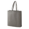 A grey non-woven tote bag with two sturdy handles and a minimalistic design featuring a logo.