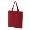 A red non-woven tote bag with two handles and an adjacent pocket. It features a branding logo.