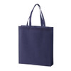 A navy blue non-woven tote bag with dual handles and a simple design, featuring a logo.