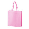 A pink non-woven tote bag with two handles and a plain design. It features a logo.