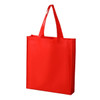 A red non-woven tote bag with long handles and a simple design. It features a logo on one side.