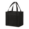 A black non-woven tote bag with two sturdy handles and a spacious interior, featuring a branding logo.