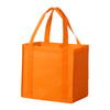 An orange non-woven tote bag with two handles and a square base. It features a logo on one side.