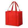 A red non-woven tote bag with two handles and a spacious interior, featuring a logo.