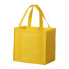 A yellow non-woven tote bag with two handles and a simple, logo on one side.