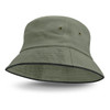 A green bucket hat with a black trim and two eyelets. It has a wide, flexible brim.
