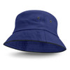 A black bucket hat with sandwich trim and two ventilation eyelets on the sides.