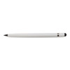 A sleek white aluminium inkless pen with a black writing tip, featuring a simple design and a branding logo.