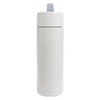 A drink bottle in white, featuring a sleek design and a grey lid, with a logo visible.