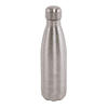 A drink bottle made of stainless steel in a sleek, silver finish, featuring a rounded cap and a smooth design.