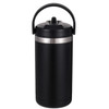 A drink bottle in black with a silver band and a carry handle, featuring a secure lid and no visible branding.