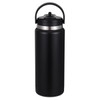 A drink bottle in matte black with a silver band, featuring a handle and a sealed lid.