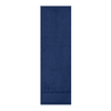 A navy blue gym towel with a textured surface and a border at one end, featuring a logo.