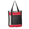 A tote bag featuring black, red, and grey panels, with a front zip pocket and shoulder straps.