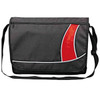 A black messenger bag with a red and white design, featuring a shoulder strap and a zippered compartment.