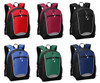 A collection of six backpacks in red, burgundy, black, blue, and green, featuring front zip pockets and black accents.