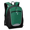 A green and black backpack featuring a front zipper pocket and headphone access, made from durable fabric.