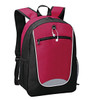 A backpack in maroon and black with a front zip pocket and mesh side pockets. It features a logo on the front.