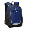 A backpack featuring a blue front panel with black accents and a logo. It has adjustable straps and a zippered pocket.