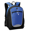 A backpack featuring a blue front panel and black sides, with a headphone port and mesh side pockets.