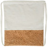 A drawstring bag featuring a white fabric top and a cork bottom. It has thin white cords for closure and carrying.