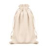 A beige drawstring pouch made of fabric, featuring a cinched top for closure. It has a simple, unembellished design.