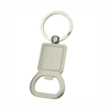 A keyring bottle opener featuring a sleek silver design with a circular attachment.