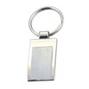 A keyring featuring a sleek, rectangular metallic design with a shiny finish. It includes a circular attachment for keys.