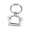A keyring in the shape of a house, featuring a silver metallic finish and a circular attachment.