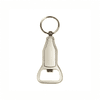 A bottle opener keyring in silver with a circular keyring attachment. Features a simple design.