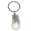 A keyring featuring a metallic silver capsule design with a smooth, reflective white body.