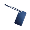 A navy blue luggage tag with a cord for attachment, featuring a smooth surface and a simple design.