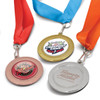 Three medals in bronze, silver, and gold, each with a ribbon in blue, orange, and red. One medal features a logo.