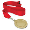 A gold podium medal with a smooth surface, attached to a red satin ribbon.