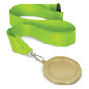 A podium medal with a 65mm gold-colored medallion attached to a bright green ribbon.