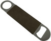 A bottle opener with a grey metal design and a brown fabric grip. Features two openings for easy use.