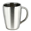 A stainless steel coffee mug with a sleek design and a sturdy handle, featuring a polished finish.
