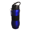 A drink bottle in a shiny blue finish with a black grip and a carabiner attached. It features a flip-top lid and a logo.