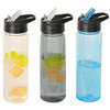 A drink bottle in three variations: clear with fruit, grey, and blue, all featuring a black lid and straw.