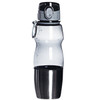 A drink bottle featuring a clear body, grey lid, and a sleek stainless steel base with a carabiner attachment.